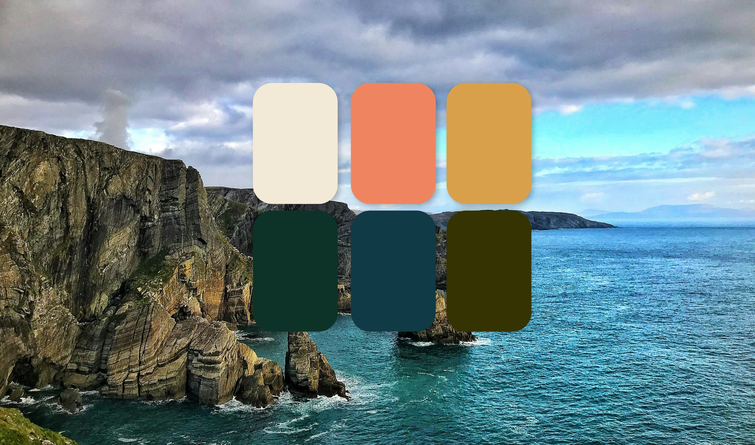 Brand color palette swatches over an Irish coastline photograph
