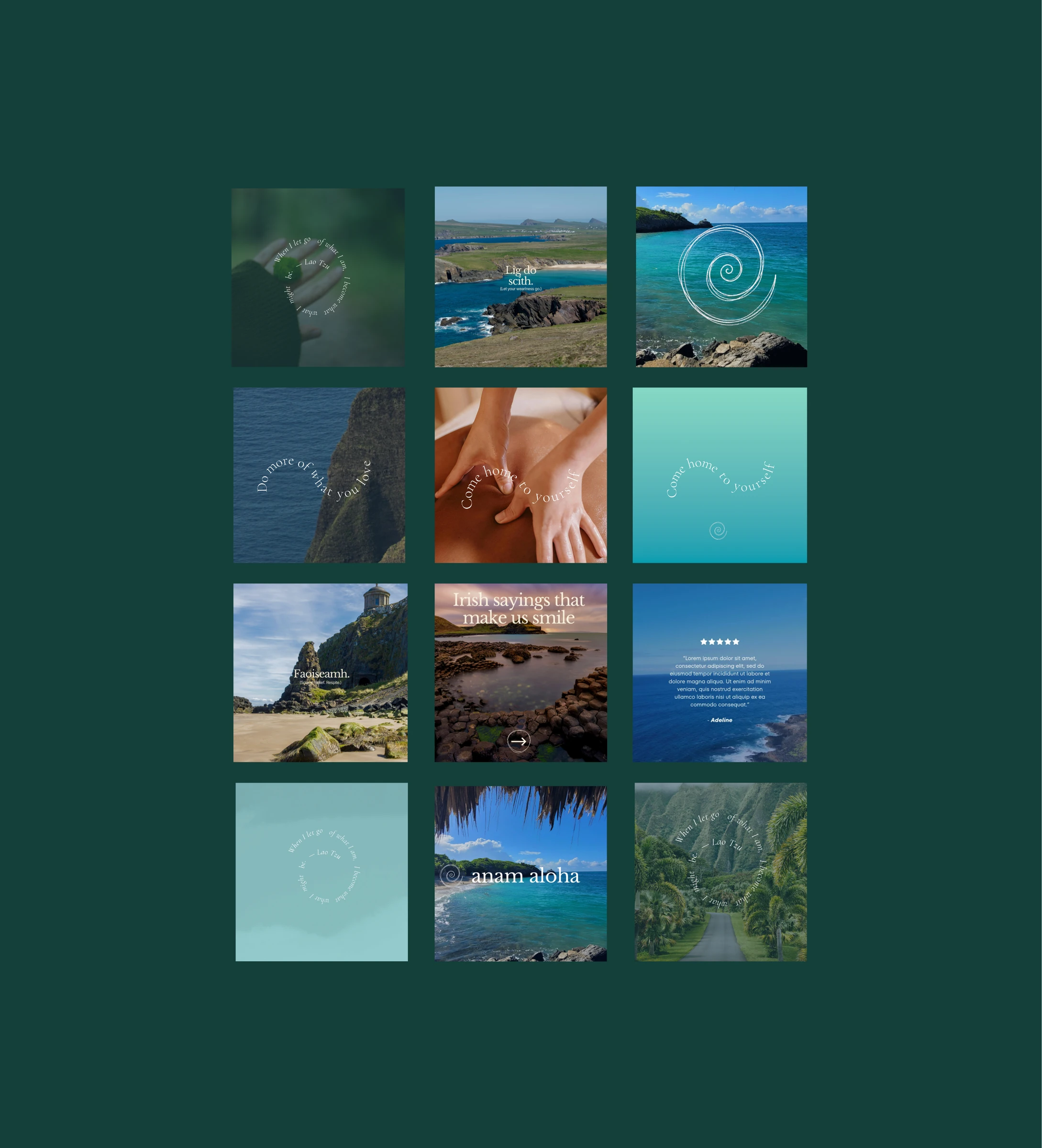 Grid of anam aloha Instagram post templates, featuring Irish sayings, the spiral mark, and coastline photography