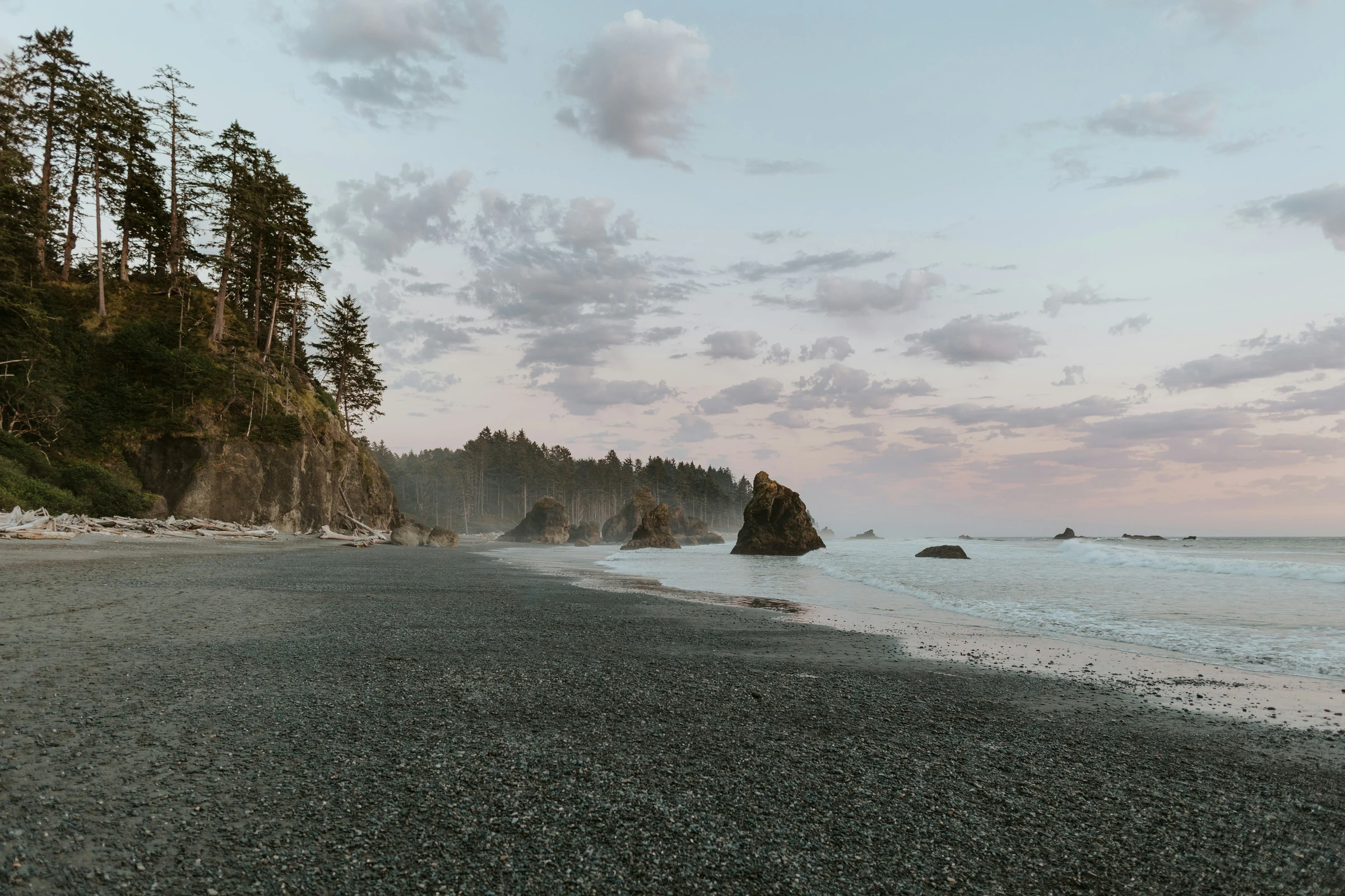 Pacific Northwest beach with sea stacks at dusk