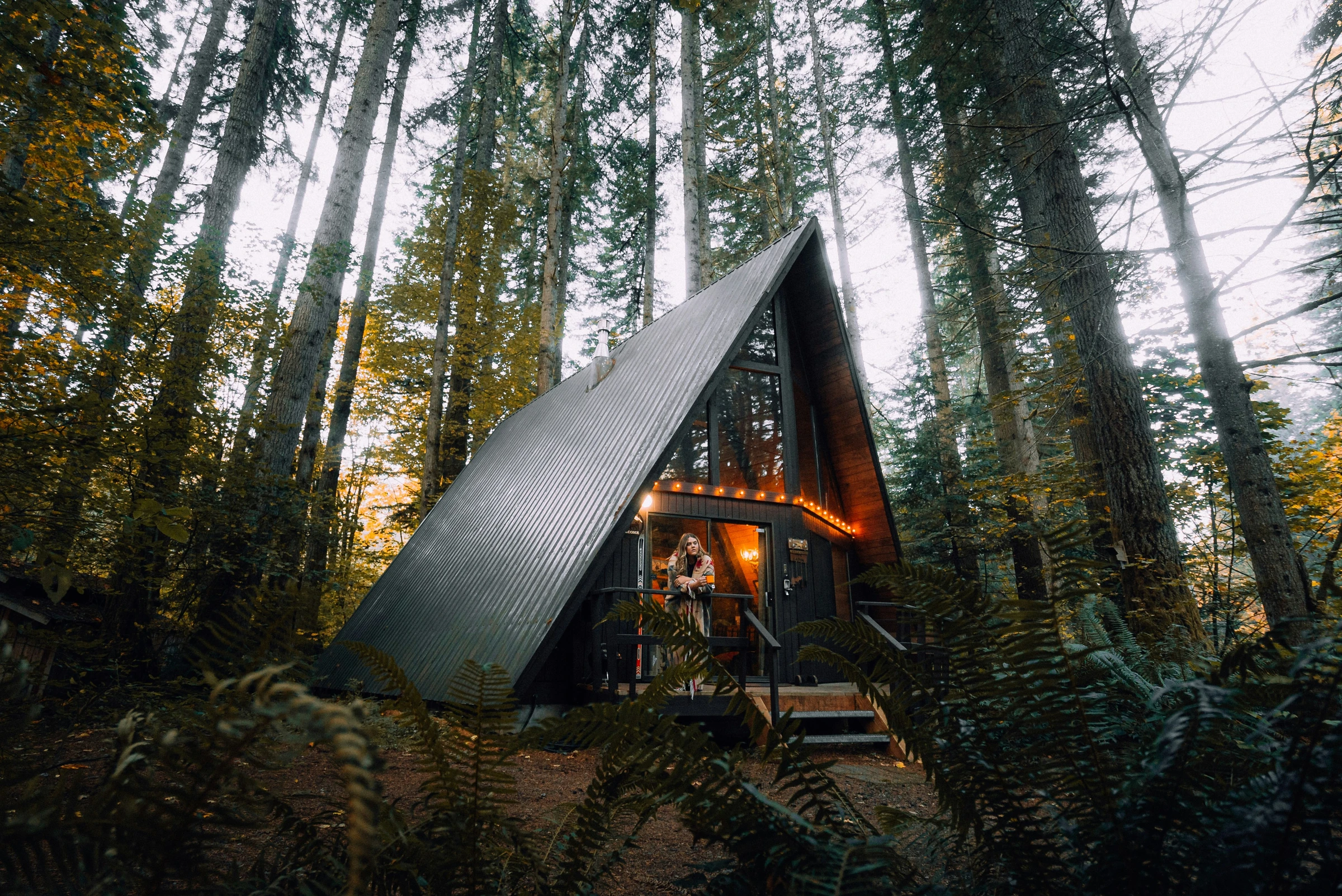 A-frame cabin in a Pacific Northwest forest