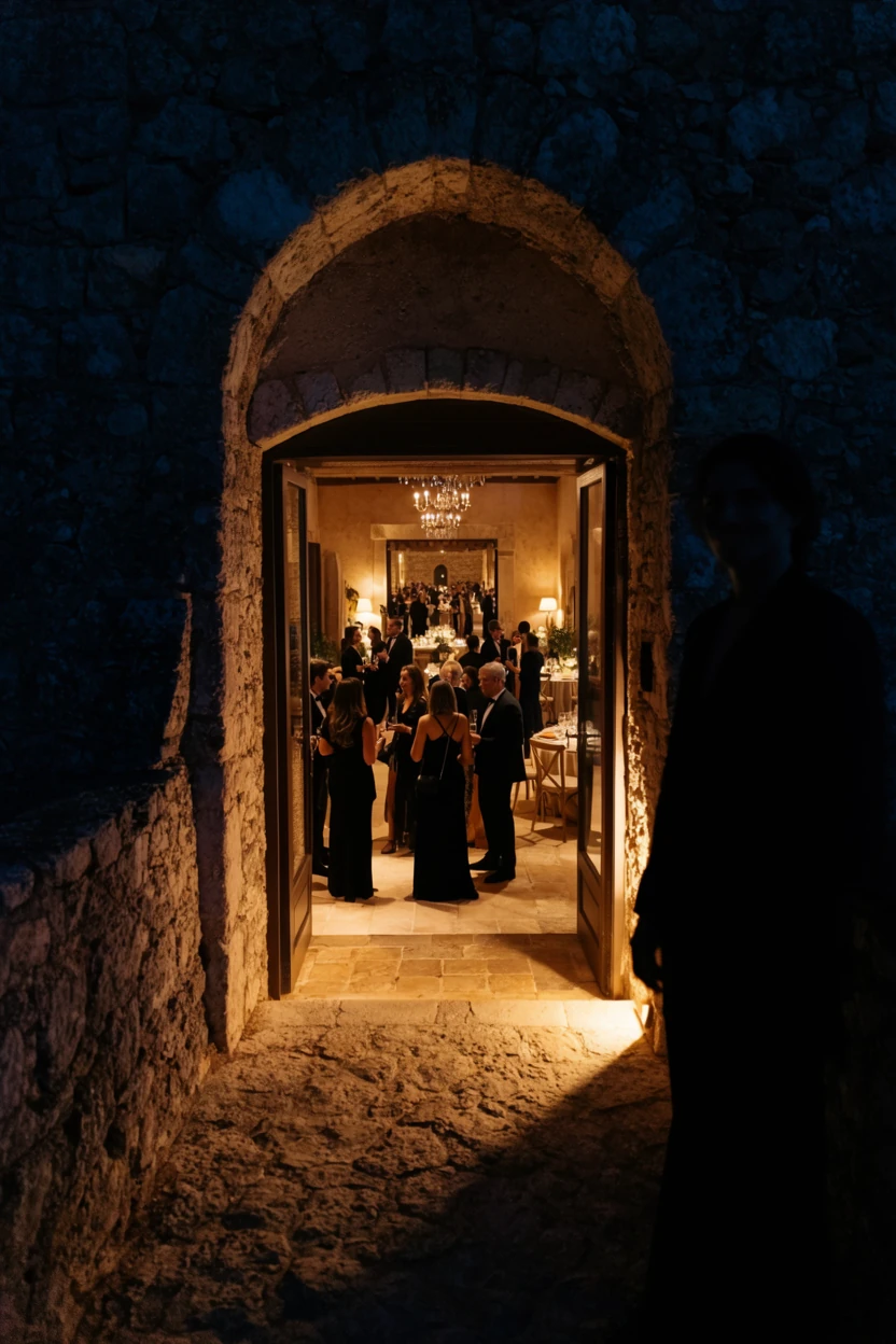 Historic stone archway glowing with warm light at night